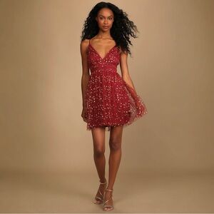 Lulus Favorite Moment Burgundy and Gold Star Print Skater Dress in Small NWT